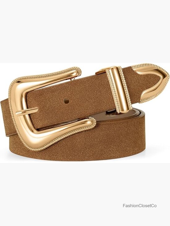 Western Suede Leather Belt With Retro Gold Buckle For Jeans Dresses